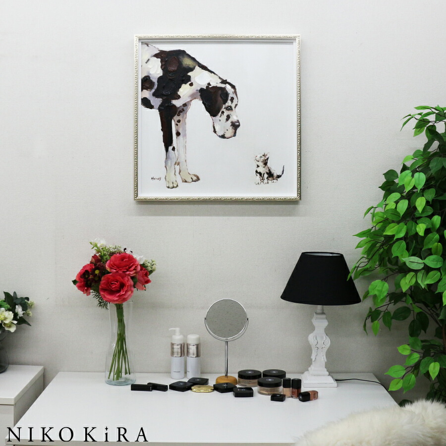 絵画 インテリア 額付(黒) 油絵 uF6-070619 可愛い子猫と子犬 絵画額付