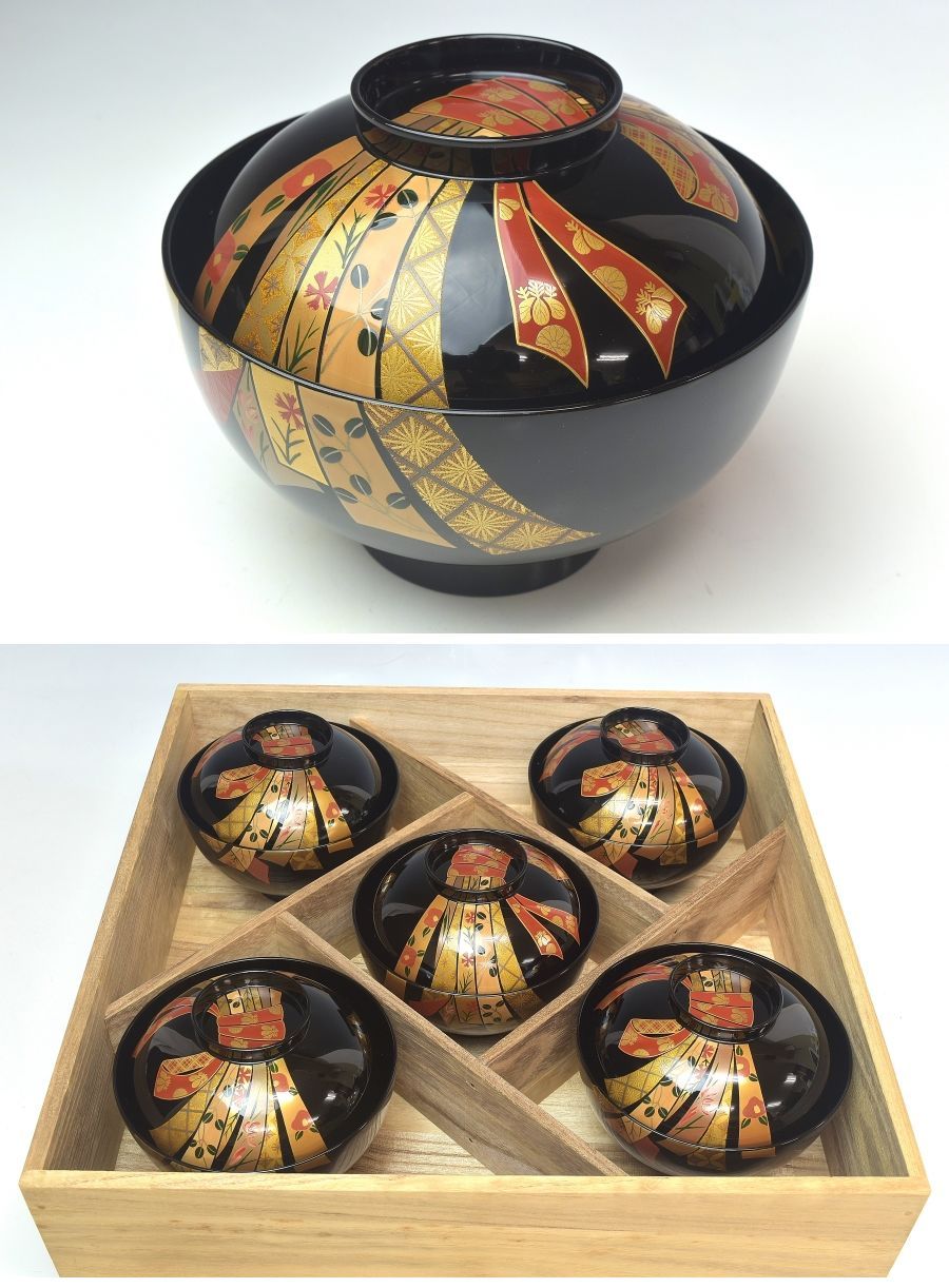 輪島塗 吸物椀5客 渦文 共箱 漆塗蓋つき椀 大向高洲堂 R1589 輪島塗