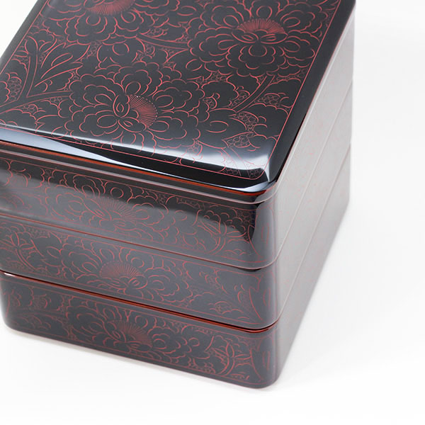 重箱 3段 木製 漆塗り 溜内朱 牡丹 朱沈金 6.5寸 日本製 越前漆器 越前
