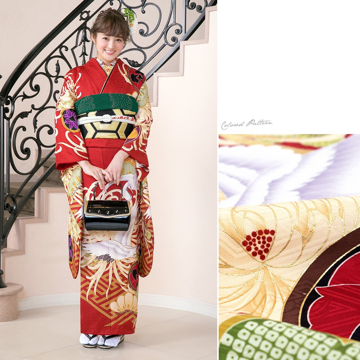 振袖セット 赤系 レッド 菊 紗綾型 鶴 丸文 花 絵羽柄 正絹 西陣織