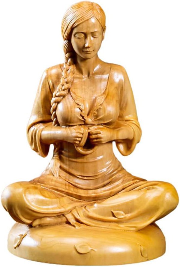 瞑想的な坐像 高級天然ツゲ木彫り女性像 座禅 美術品 木彫り 置物（高