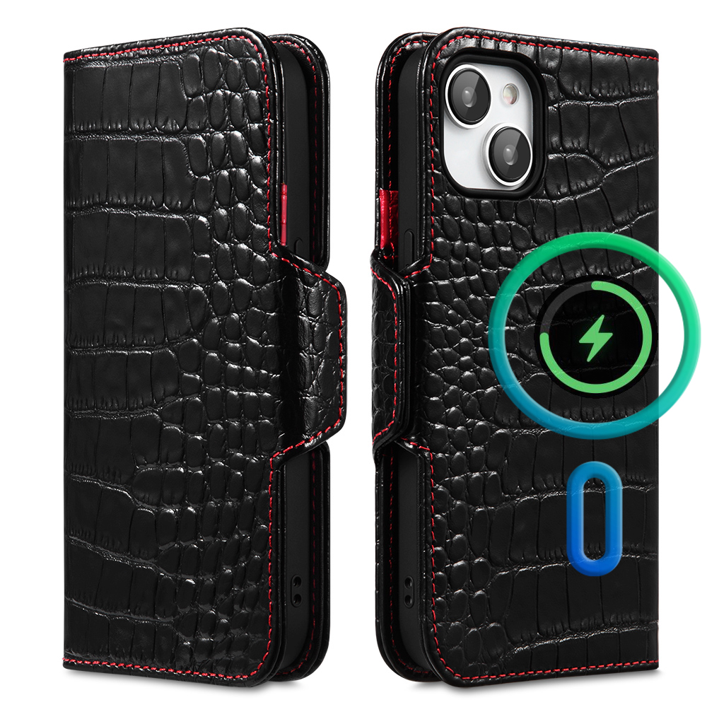iPhone 14 iPhone14 ケース 手帳型 本革 クロコ 艶 黒 最高級 牛革