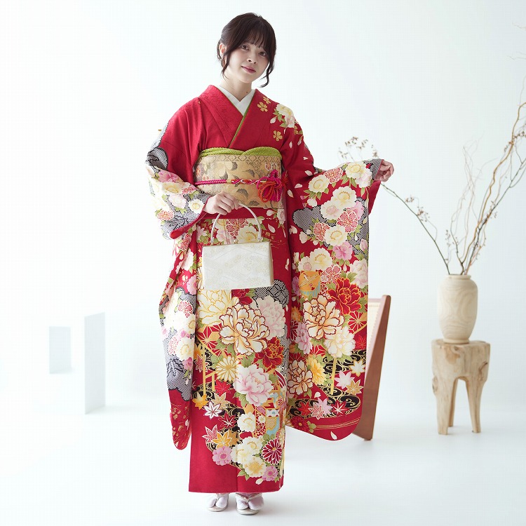 振袖 レンタル 成人式 21点セット レトロ 成人式セット 花 赤系 正絹