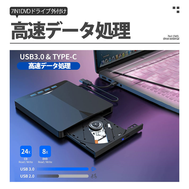 DVDドライブ 外付け DVDプレーヤー cdドライブ 7in1 USB3.0 ポータブル