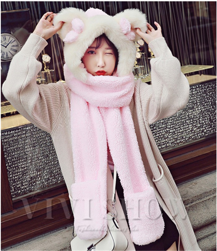 レディース＆キッズ マフラー 帽子 手袋 3点一体 セット アニマル帽子