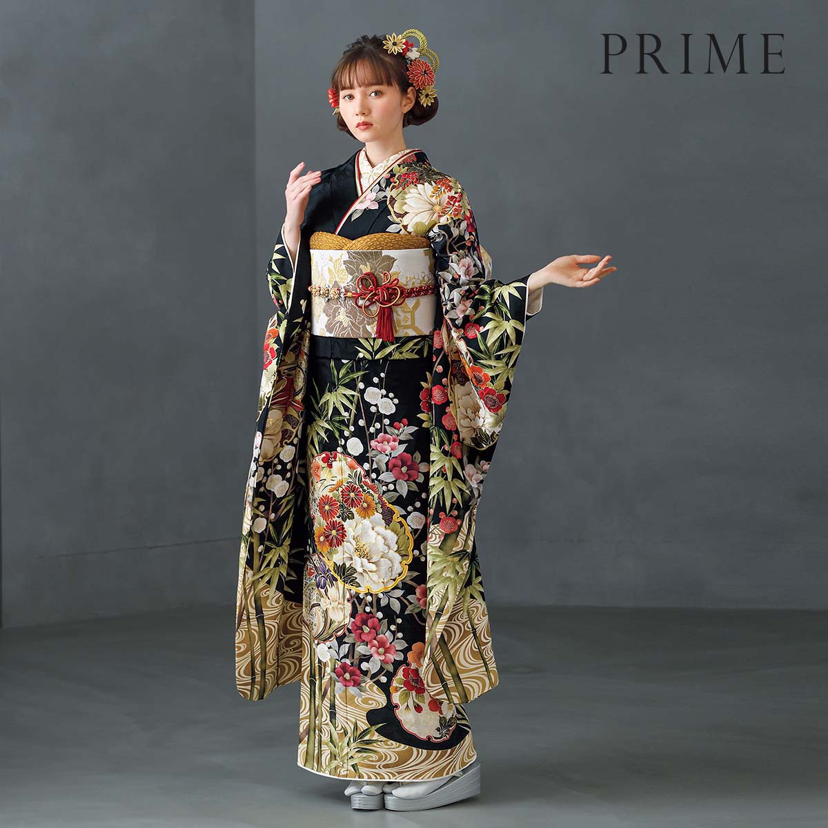 振袖 レンタル 成人式 結婚式 黒 雪輪に竹梅椿 PRIME 12月〜1月利用