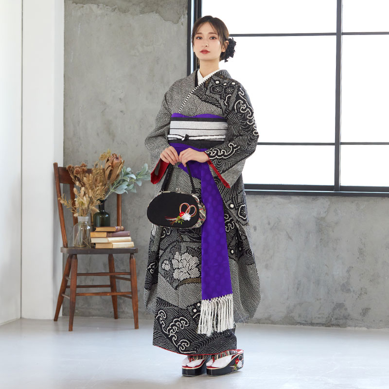 振袖 レンタル 成人式 結婚式 黒 総絞り 波頭に牡丹(絹) 一点物 12月