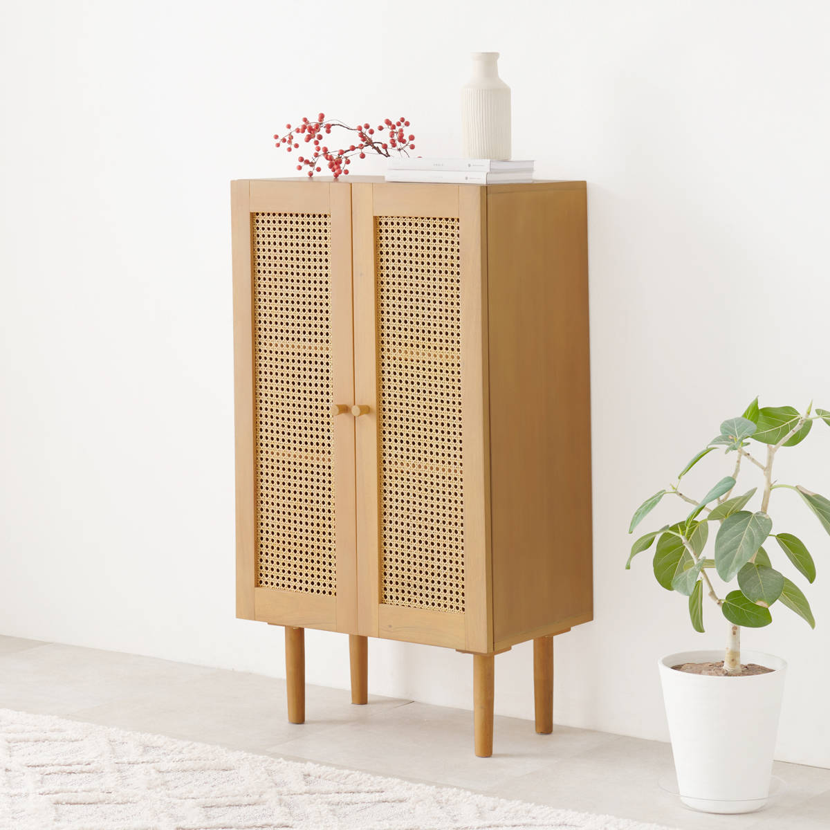 ラタン キャビネット 幅54cm 天然木 かごめ編み （ 収納 棚 扉付き 脚