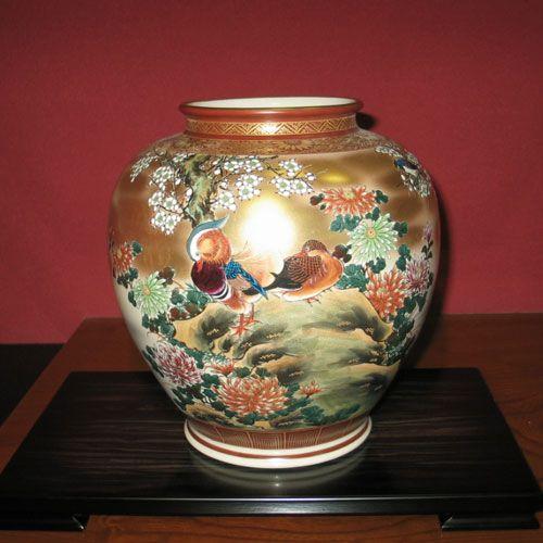 花瓶 九谷焼 11 九谷焼 九谷陶孫作 花瓶 花鳥金彩 ハイビスカス 花 鳥