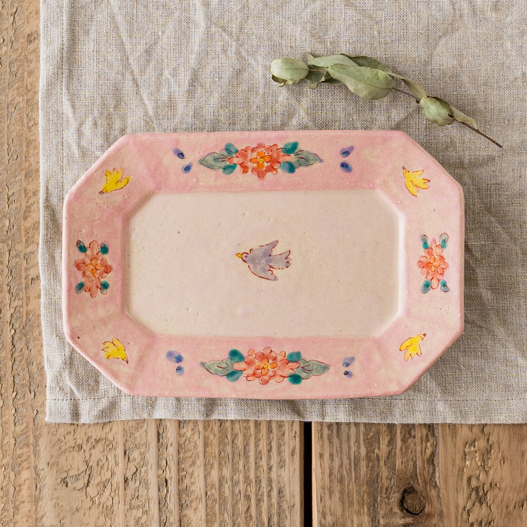 作家 増山文 長角中皿 縁桃紫鳥ピンク ｜作家もののうつわ通販 四季折