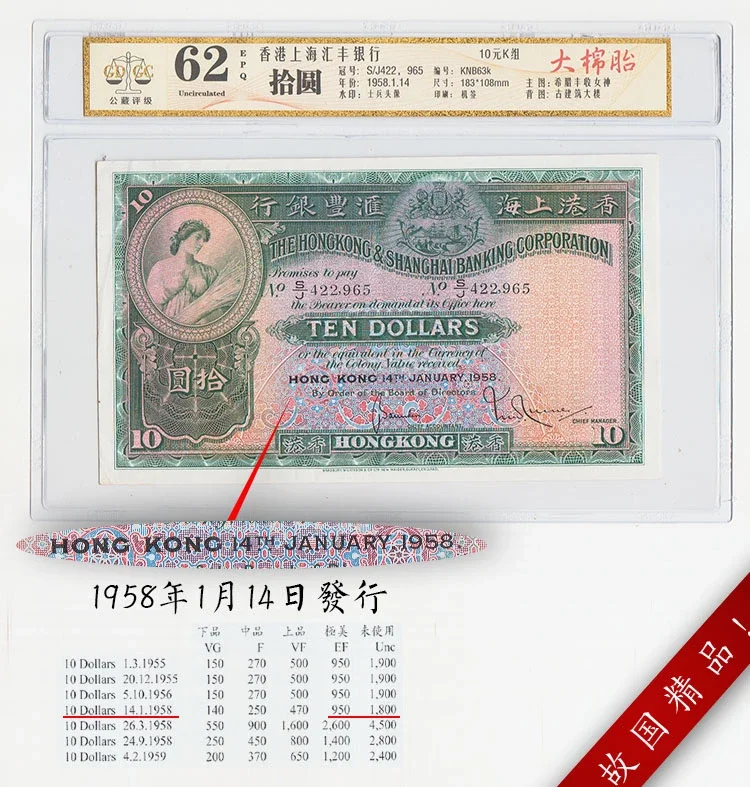 评级币62 1958年1月14日香港汇丰银行大棉胎10元纸币十圆钱币罕P
