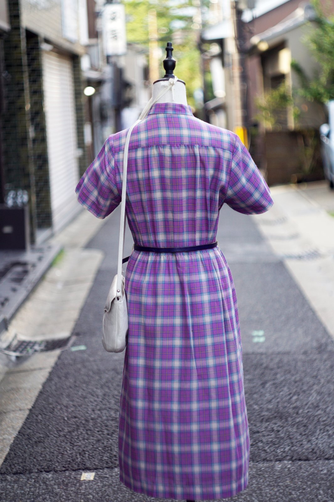 パープル×ターコイズブルー系 タータンチェック柄 半袖 レトロ
