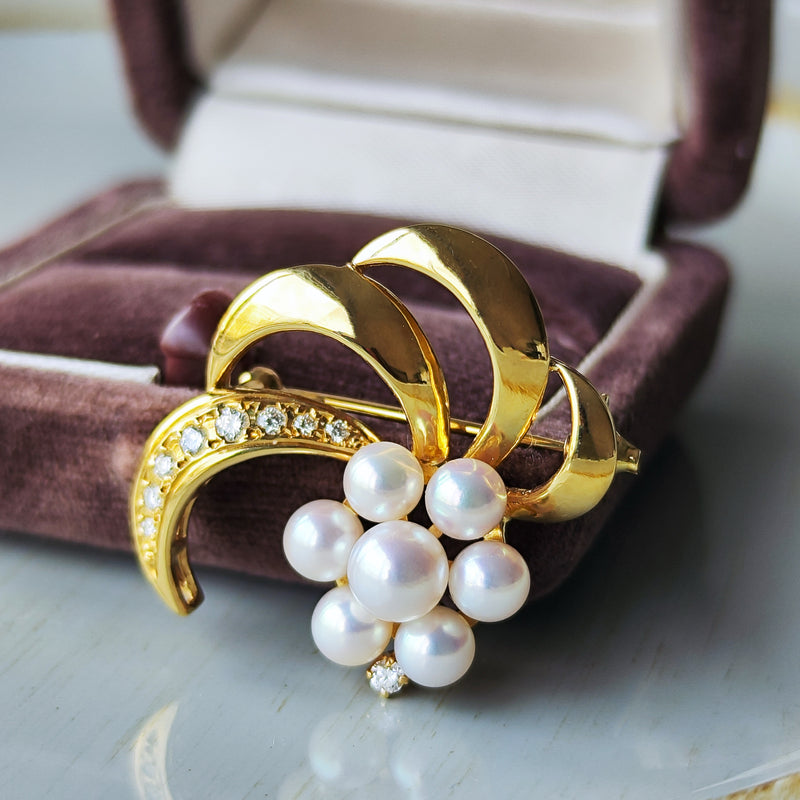 Mikimoto ミキモト真珠 K14WGブローチ あこや真珠 ぶどうモチーフ
