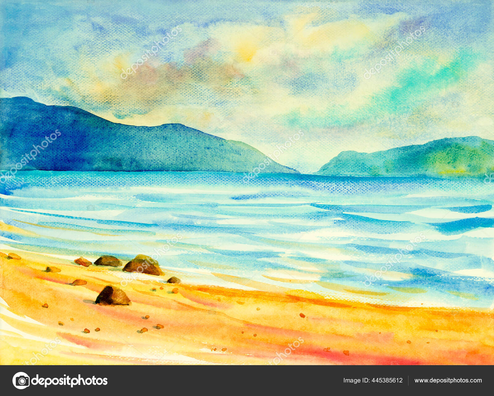 朝の明るい海の景色 ビーチ 空の雲の水彩画の元の絵 手描きイラストの