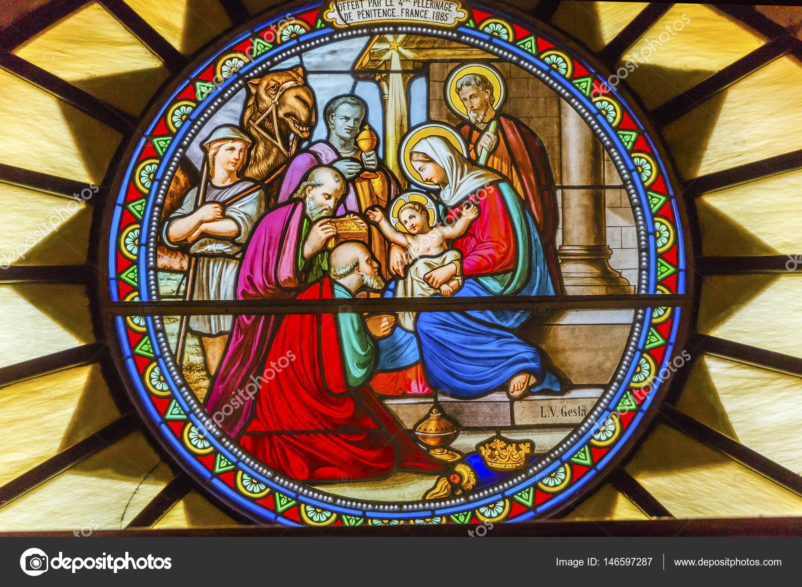 幸運の四つ葉の花文 アンティーク ステンドグラス 教会 クリスマス