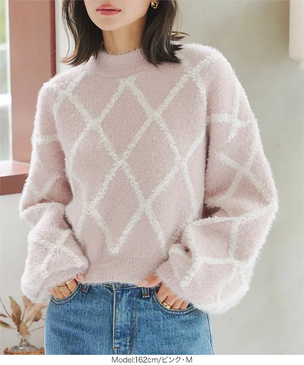 フェザー×パイルチェックニットトップス [N1113] - レディース