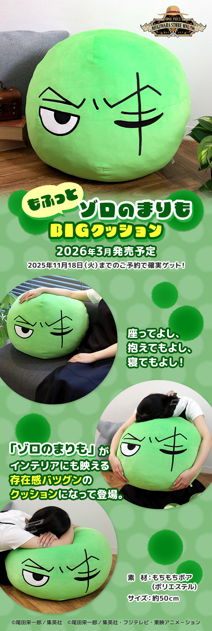 ワンピース】もふっと ゾロのまりも BIGクッション: インテリア｜東映