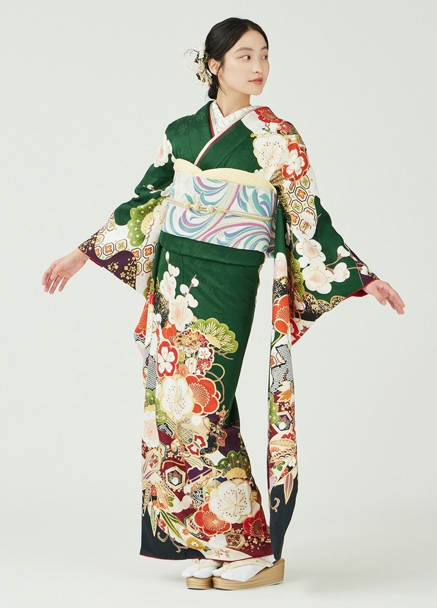 8/17迄 白地のクールな青緑色の梅の振袖フルセット 8/17迄 白地の