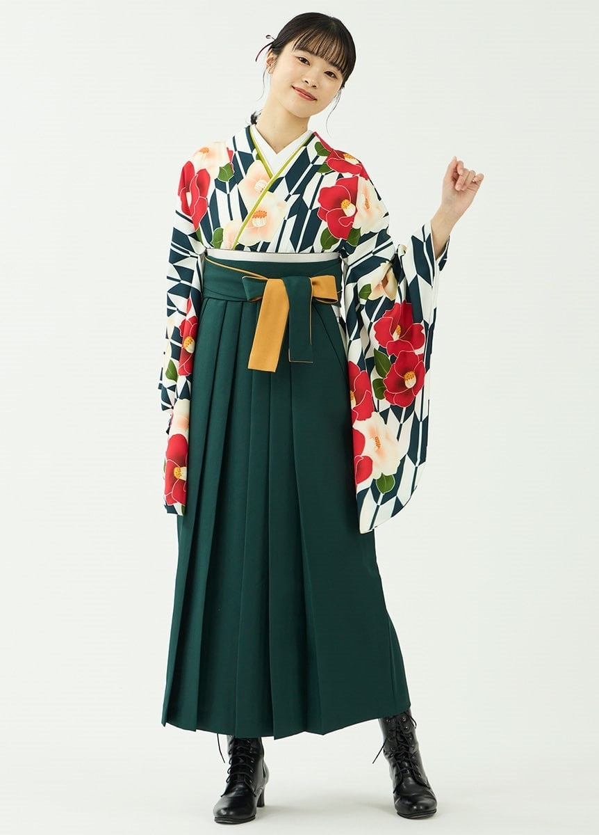 袴レンタルセット「花笑み」矢絣に椿・紺＆無地袴・緑（ご予約受注品