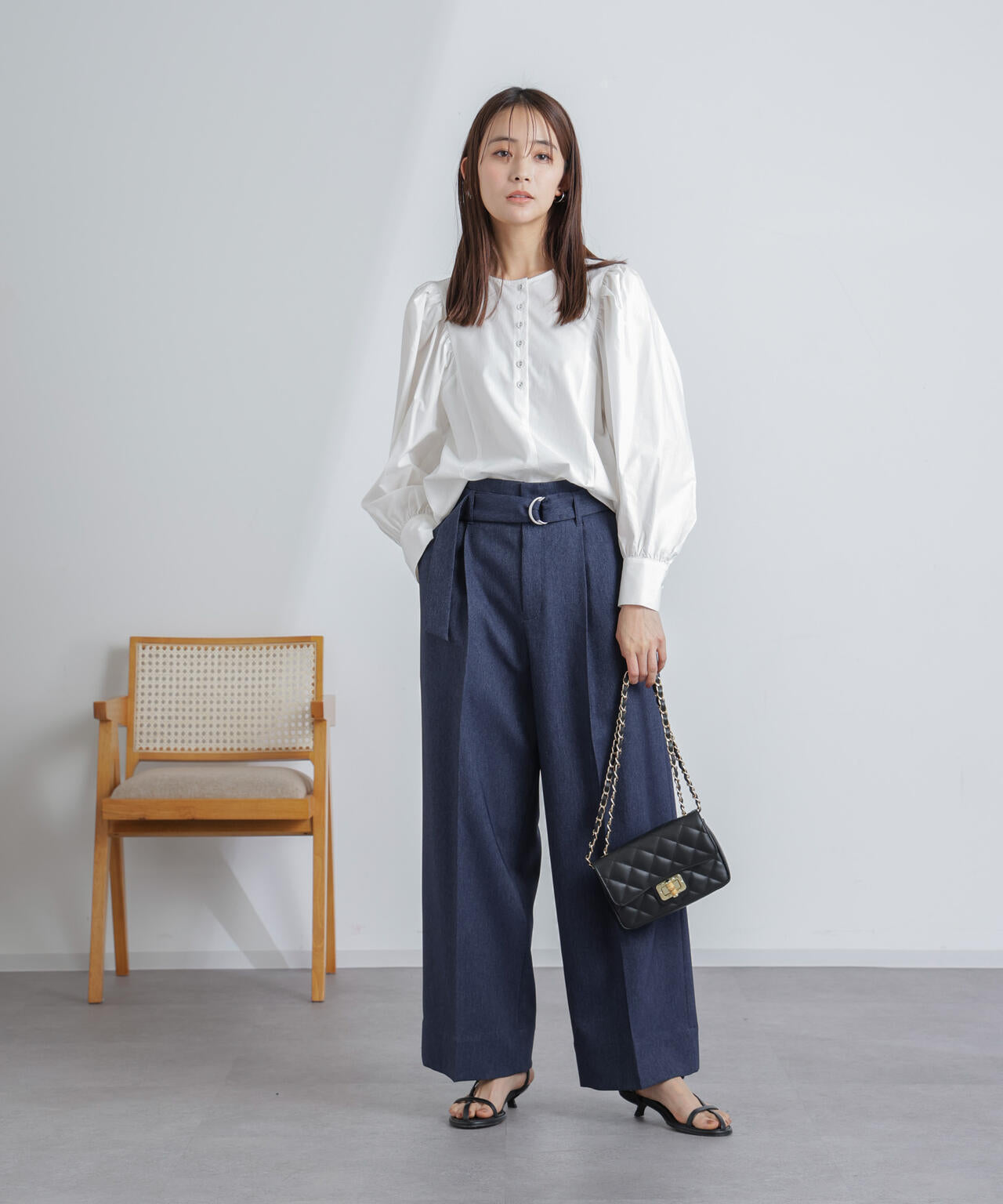 共ベルト 付き ハイウエスト パンツ