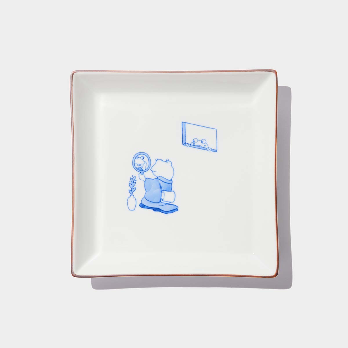 九谷焼 一楽 作 染付細工皿（カエル意匠）共箱付き 九谷焼 一楽 作 染