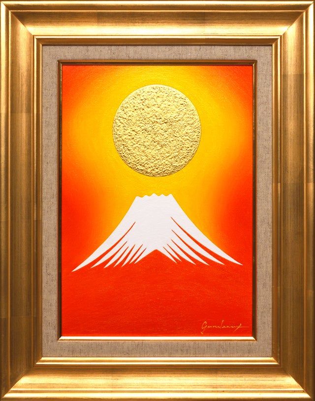 肉筆油絵原画◎『桜と赤富士』○がんどうあつし和洋絵画○純金箔膠日本