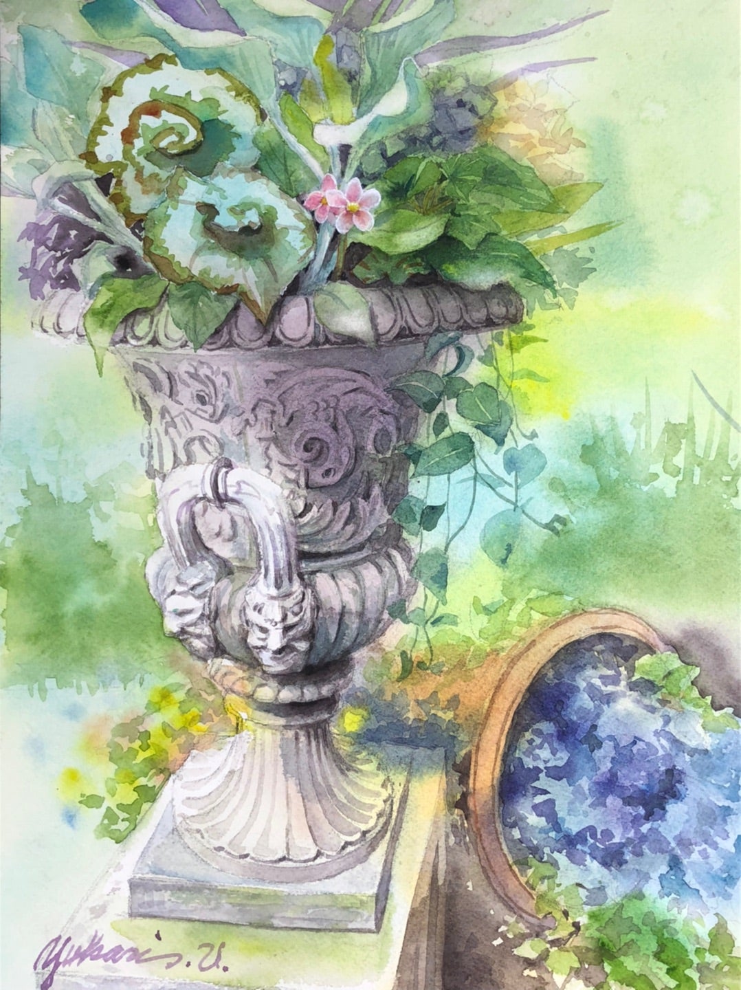 水彩原画バラクライングリッシュガーデン光と影➁ひかりあふれて…