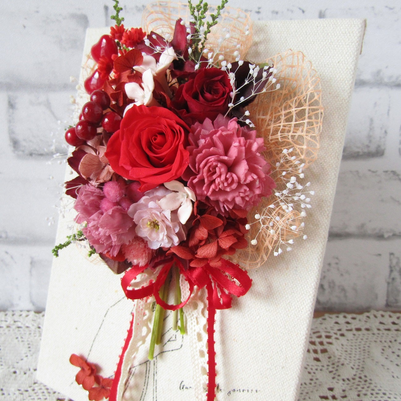 キャンバス油絵 専用 赤いお花とみつばち キャンバス油絵 専用 赤い