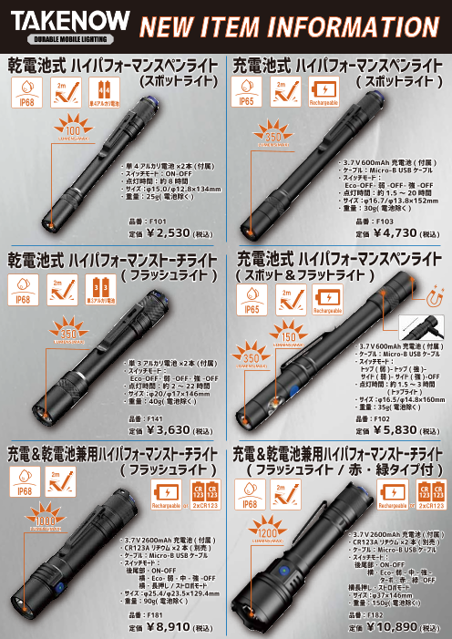 TAKENOW新商品 充電式・乾電池式ペンライト、トーチが発売（喜一工具