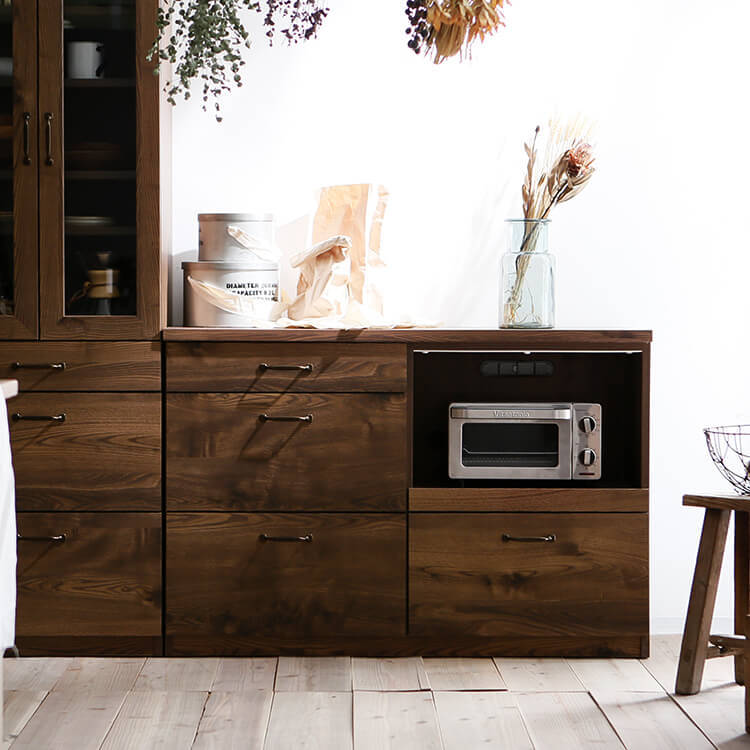 日本製のロータイプ食器棚(アンティークブラウン/アンティーク