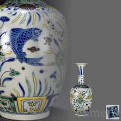 中国古美術・珍品・大明成化紋・五彩魚藻紋瓶・花瓶・唐物・陶磁器・青