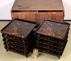 漆芸 山水松竹梅 蝋色塗硯蓋形座附膳 十客 金蒔絵 四方膳 蓬莱鶴亀