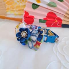 シングルリボン、和風つまみ細工(青)わんちゃん猫ちゃん用首輪 - メルカリ