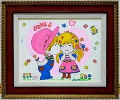 F6号】水森亜土 手描き作品/表裏サイン・裏描き有/油彩/アクリル/額縁