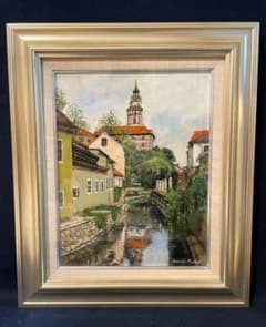 真作」真殿靖「チェスキークルムロフ」風景画 油彩画 額装 サイン有り