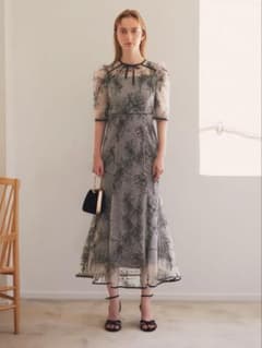 花柄リボンパフスリーブマーメイドワンピースドレス結婚式パーティー