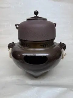 茶道具】高橋敬典造 真形釜添唐銅朝鮮風炉 電熱器 敷板 底