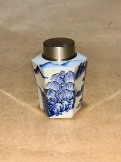 茶道具 平安和峰作 染付 花草神獣文 手桶茶入 共箱 V