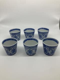 アンティーク骨董古伊万里染付こんにゃく印判桐文様桐蕎麦猪口銀継