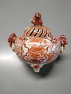 古い伊万里赤絵九谷焼香炉/江戸唐子狛犬薩摩十字角福小槌三足耳付/瓔珞