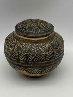 唐時代青磁 相州窯 點彩 飛斑香盒 粉盒 茶入茶道具唐物(F-84)