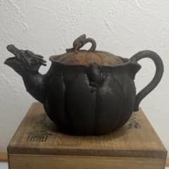 龍文堂造『安之介』鉄瓶急須 龍と蛙時代物鉄煎茶道具