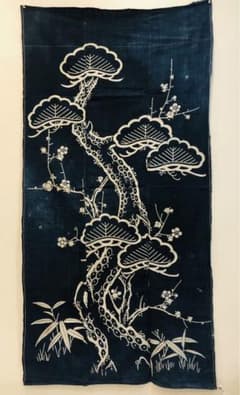 藍染布 筒描き タペストリー 古布 希少❣️ 藍染布 筒描き