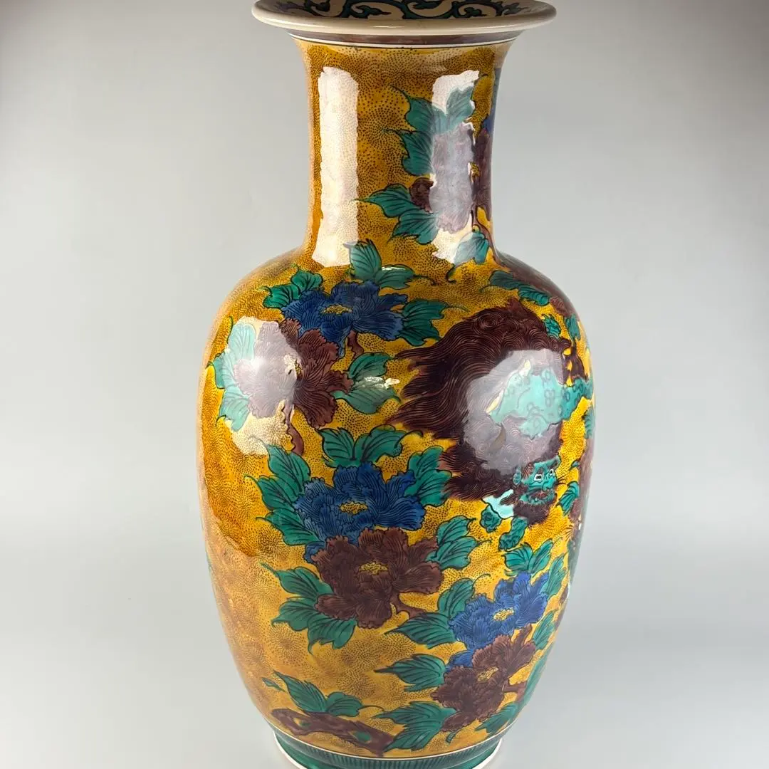 年代不明，骨董塗金茶色掛釉梅の花柄。壺。花瓶特大置物