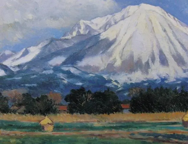 鳥取県生れの物故画家 香田勝太の晩年の風景画 ／杏花の村／サイン