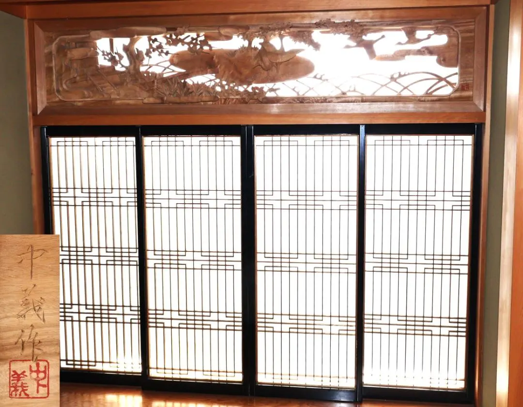 BK196越中井波彫刻名工秀弐 作波千鳥図欄間一対細密彫刻茶室