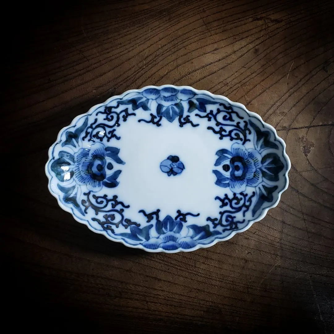 古伊万里 色絵 青海波にお福さんの図 角皿 2客 C084AS-DAa 献上手古