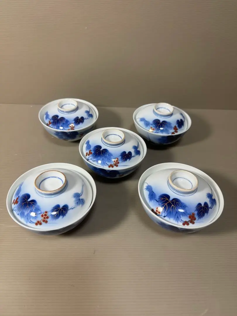 2211 有田焼 芳祥堂特製葡萄瑠璃蓋茶碗5客