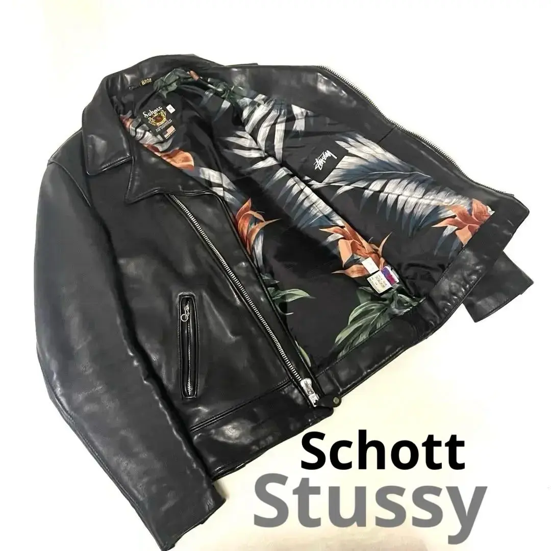 stussy × schottライダースジャケットネイビー