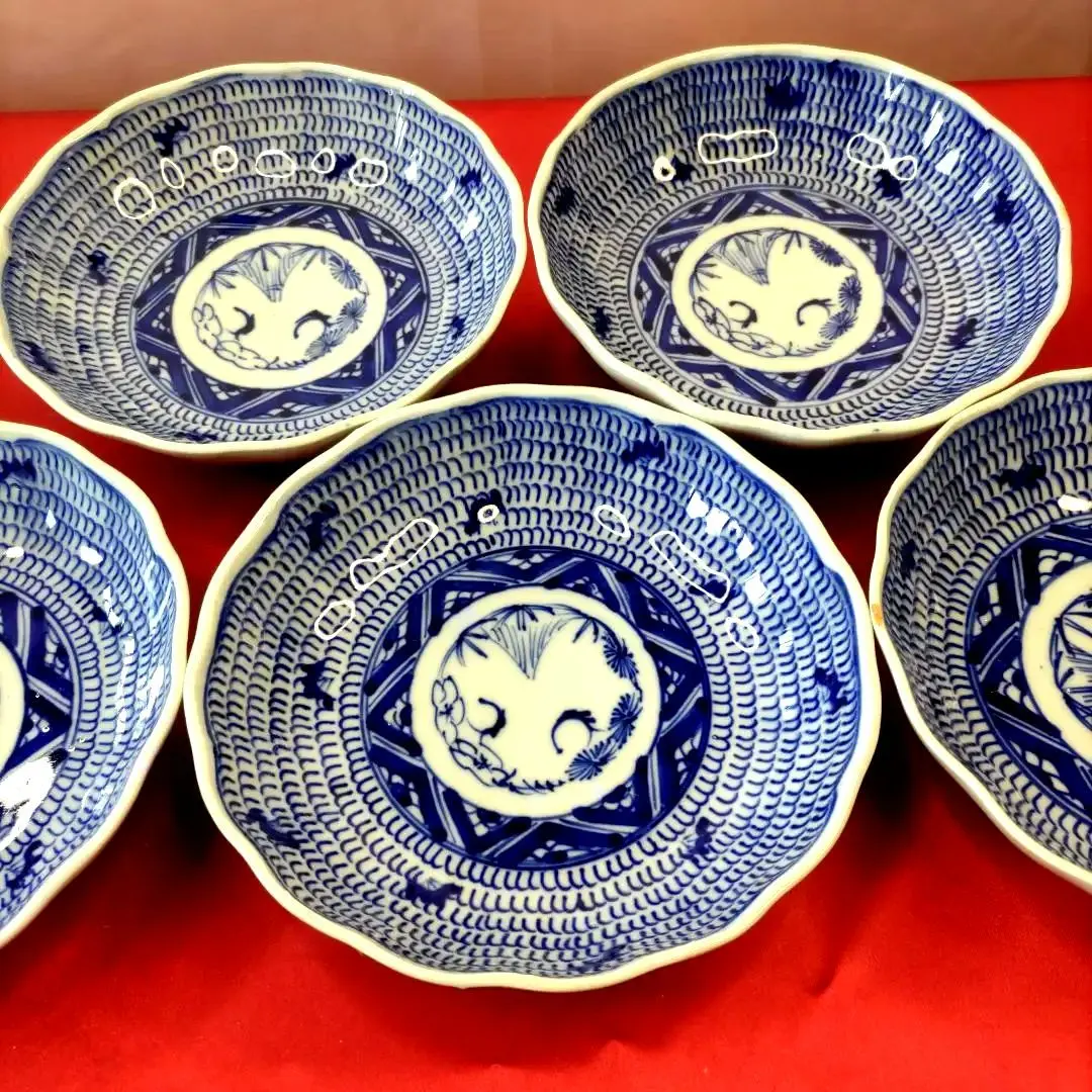 なます皿染付微塵唐草富貴長春古伊万里二枚貫入江戸松竹梅ロ号